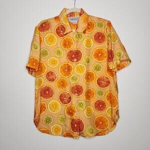 Vintage Silk Womens Carlisle Fruit Slices AOP Button Shirt Nature Art 90s